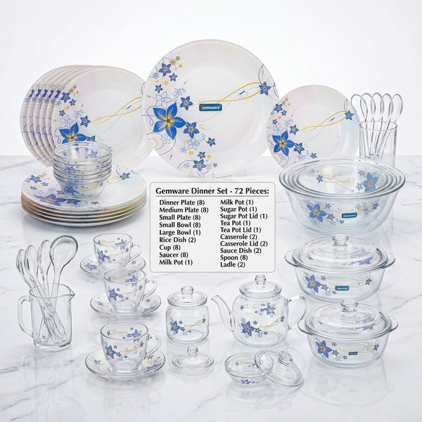 72 pieces dinner set Gemware Graceful Blue & Purple Floral Glass Dinner Set - Modern Family Dining Collection