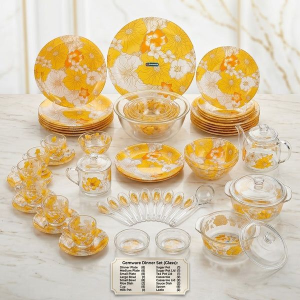 72 pieces dinner set Gemware Bright Yellow Sunflower Glass Dinner Set - Attractive & Durable Tableware