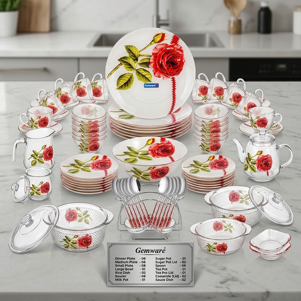 Gemware Classic Red Rose Floral Glass Dinner Set - Premium Giftable Dining Collection