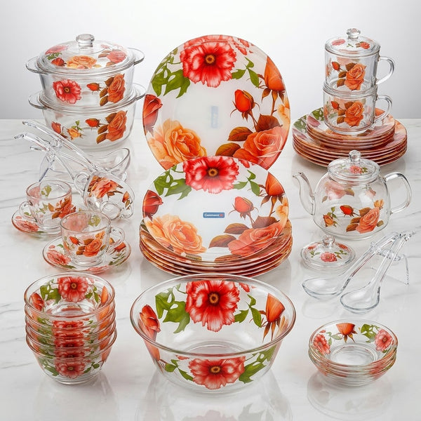 Gemware Luxury Peach and Orange Rose Glass Dinner Set - Elegant Family Dinnerware