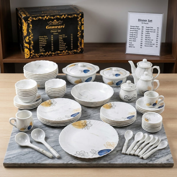 72 Pcs Marble Dinner Set - Yellow & Blue Artistic Floral