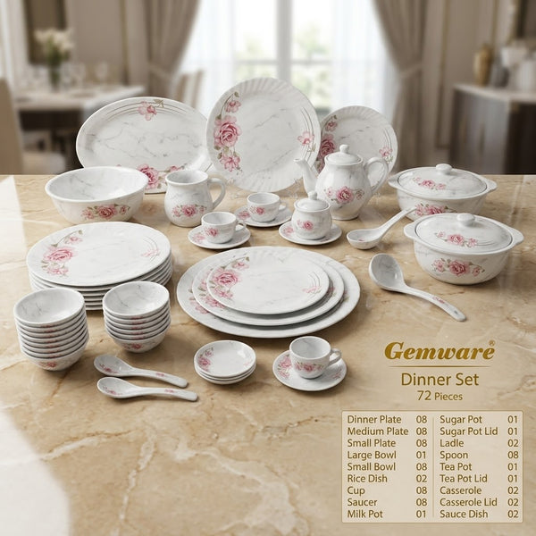 72 Pcs Marble Dinner Set - Soft Pink Rose Bunch