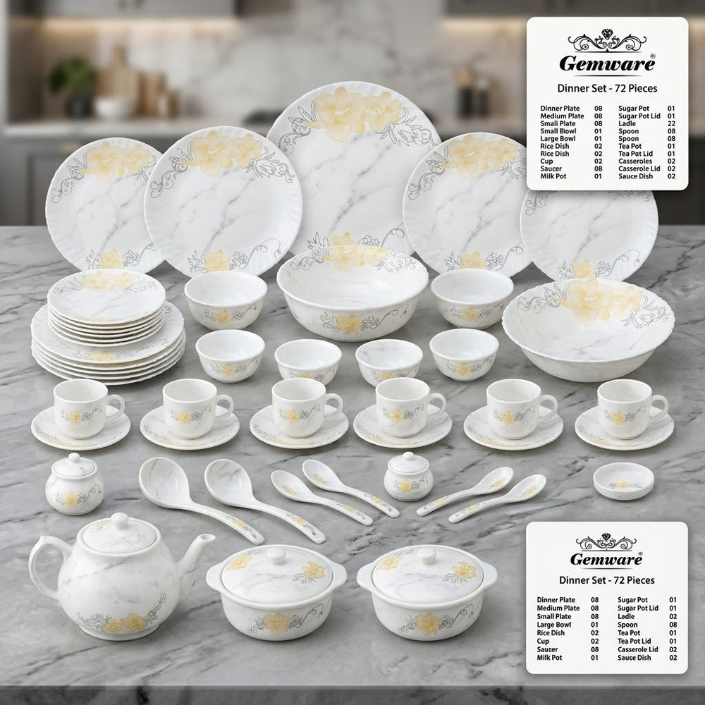 72 Pcs Marble Dinner Set - Elegant Yellow Blossom Motif