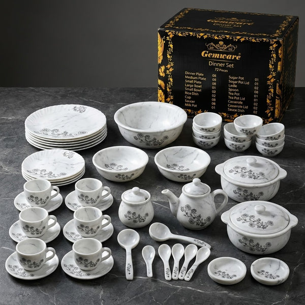 72 Pcs Marble Dinner Set - Fine Black Rose Vines