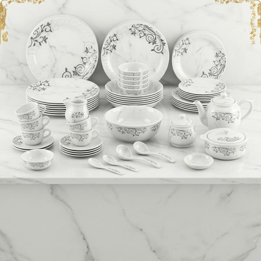 72 Pcs Marble Dinner Set - Classic Black Floral Swirl