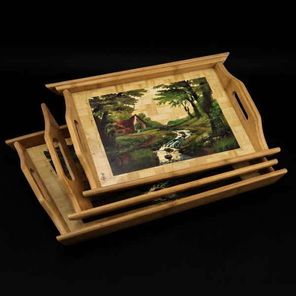 3 pieces tray set Wooden Serving Tray Set with Landscape Nature Scenery Print