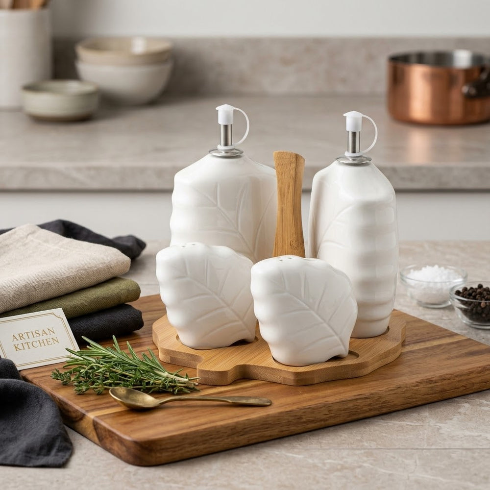 4-Piece Leaf-Embossed Ceramic Oil Dispenser & Seasoning Shaker Set with Wooden Stand