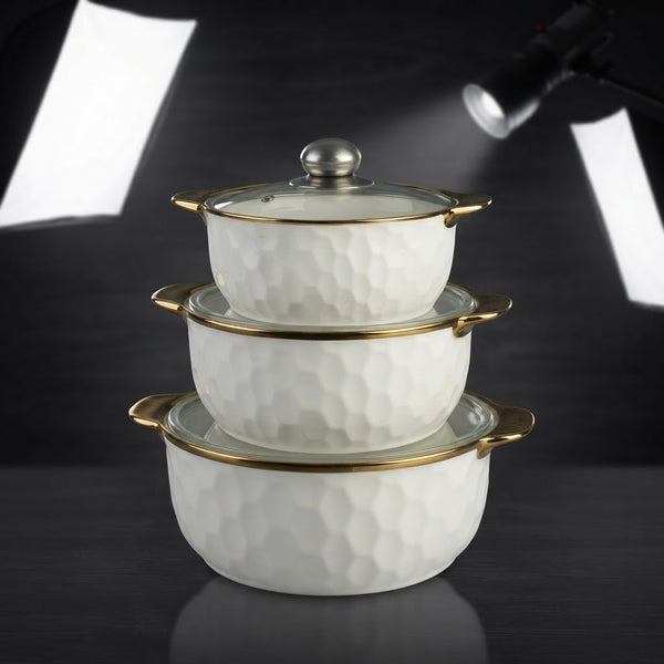 White Honeycomb Ceramic Casserole & Hot Pot Serving Set with Gold Handles (Set of 3)
