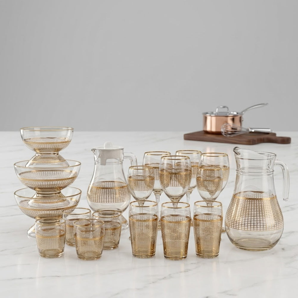 Luxury Gold Grid Pattern Glassware Set – Jugs, Goblets, & Serving Bowls 28 Pieces Set