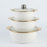 White Honeycomb Ceramic Casserole & Hot Pot Serving Set with Gold Handles (Set of 3)