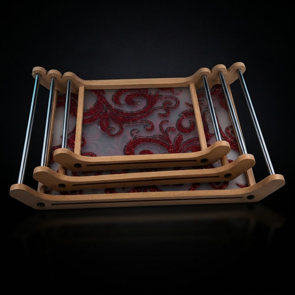 3 pieces tray set Wooden Serving Tray Set with Red Glitter Swirl Design and Metal Handles