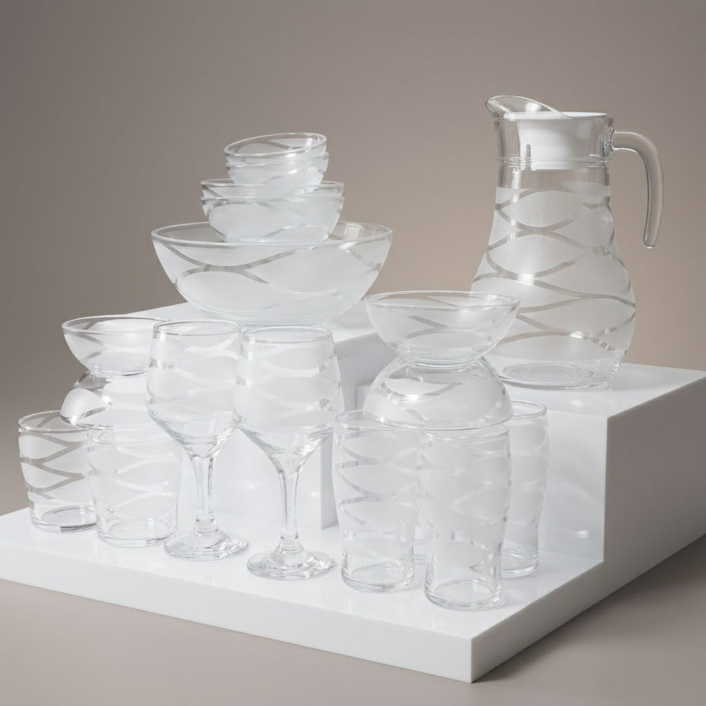 Frosted Leaf Pattern Clear Glassware Set – Jugs, Goblets, & Serving Bowls 28 Pieces Set
