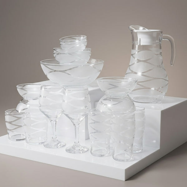 Frosted Leaf Pattern Clear Glassware Set – Jugs, Goblets, & Serving Bowls 28 Pieces Set