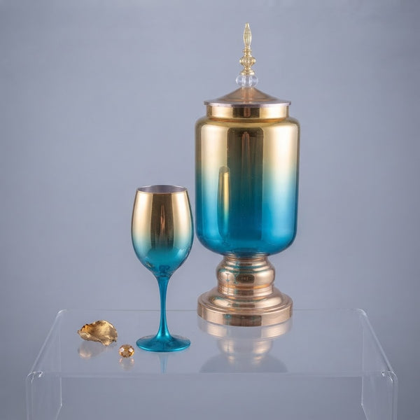 Luxury Gold & Electric Blue Ombre Glass Beverage Dispenser Set with Stemmed Goblets