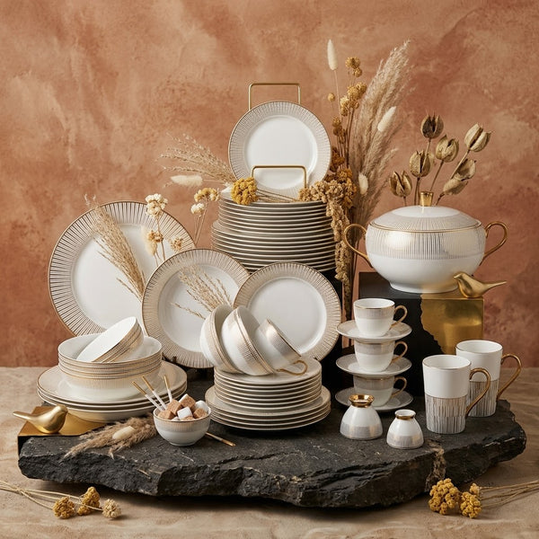 Luxury Pure White & Gold Stripe Bone China Crockery Dinner Set