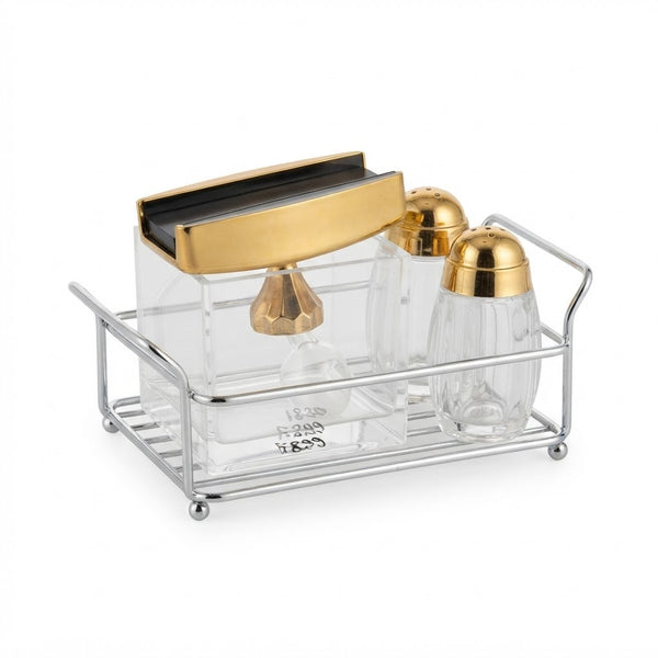 Acrylic Condiment and Salt & Pepper Shaker Set with Gold Accents and Wire Caddy