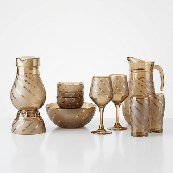 Luxury Smoky Tinted Spiral Stripe Glassware Set – Jugs, Goblets, & Bowls 28 Pieces Set