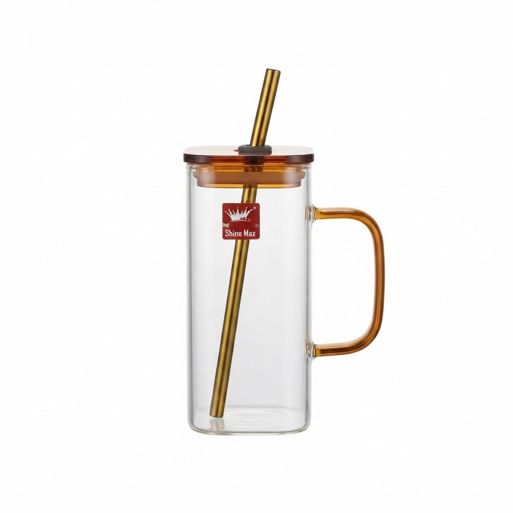 Square Glass Mug with Handle, Lid, and Straw