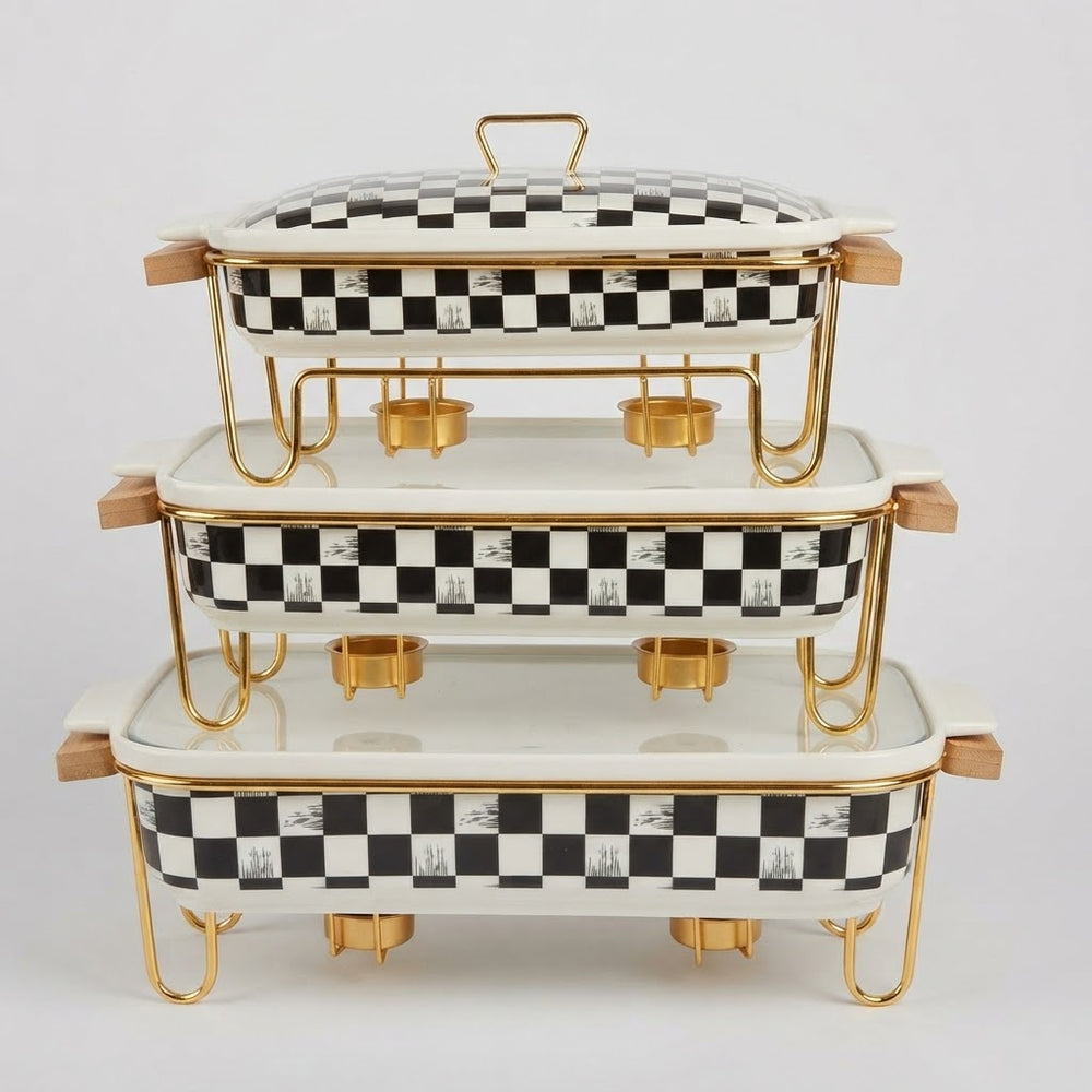 Luxury Black & White Checkerboard Ceramic Chafing Dish Set with Gold Warmer Stands (Set of 3)