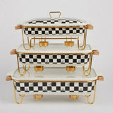 Luxury Black & White Checkerboard Ceramic Chafing Dish Set with Gold Warmer Stands (Set of 3)