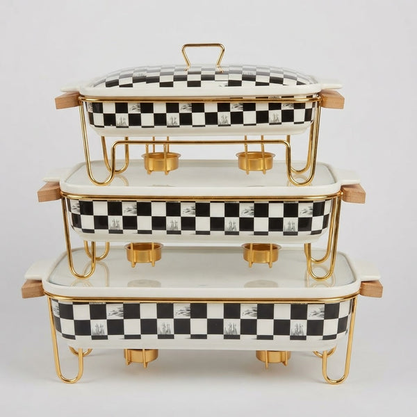 Luxury Black & White Checkerboard Ceramic Chafing Dish Set with Gold Warmer Stands (Set of 3)