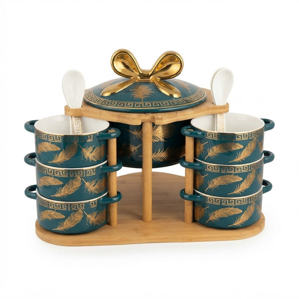Luxury Emerald Green & Gold Feather Ceramic Soup Tureen Set with Bowls & Wooden Stand