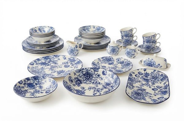 26-Piece Blue and White Floral Ceramic nashta and Serving Set
