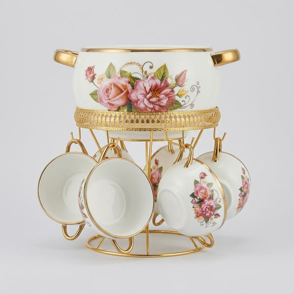 Luxury Floral Ceramic Soup Tureen & Bowl Set with Hanging Cups on Gold Stand