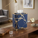 Luxury Navy Blue & Gold Marble Pattern Trash Bin with Tissue Box Holder
