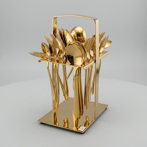 Luxury Gold Stainless Steel Cutlery Set with Standing Metal Rack (24-Piece)
