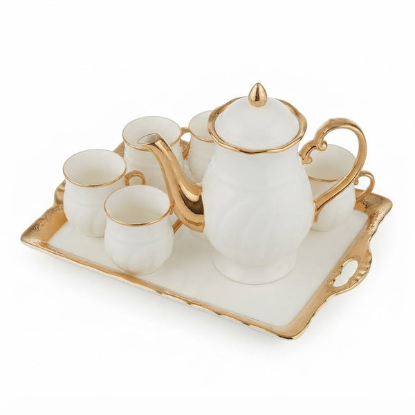 Luxury White & Gold Ceramic Tea Set with Matching Tray (Teapot & Cups)