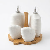 4-Piece Leaf-Embossed Ceramic Oil Dispenser & Seasoning Shaker Set with Wooden Stand