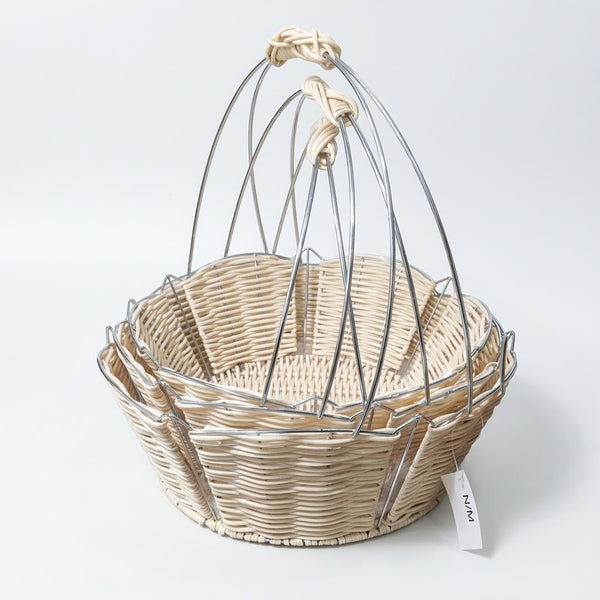 Round Woven Fruit & Bread Basket Set with High Arc Metal Handles (Set of 3)