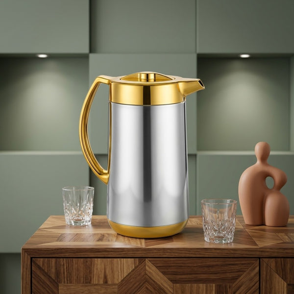 Stainless Steel Vacuum Flask / Metallic Thermal Tea Pot with Gold Accents