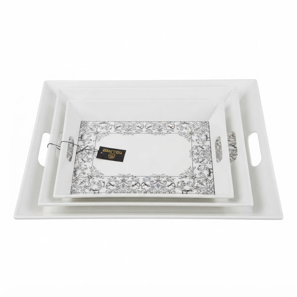 3 pieces tray set Decorative Serving Tray Set with Black and White Floral Pattern