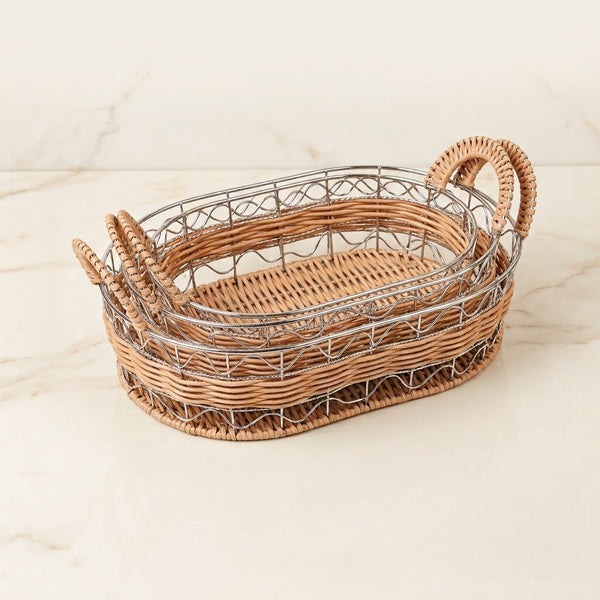 Oval Woven Bread & Fruit Basket Set with Wire Frame & Woven Handles (Set of 3)