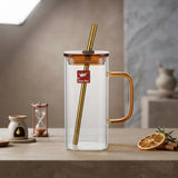 Square Glass Mug with Handle, Lid, and Straw