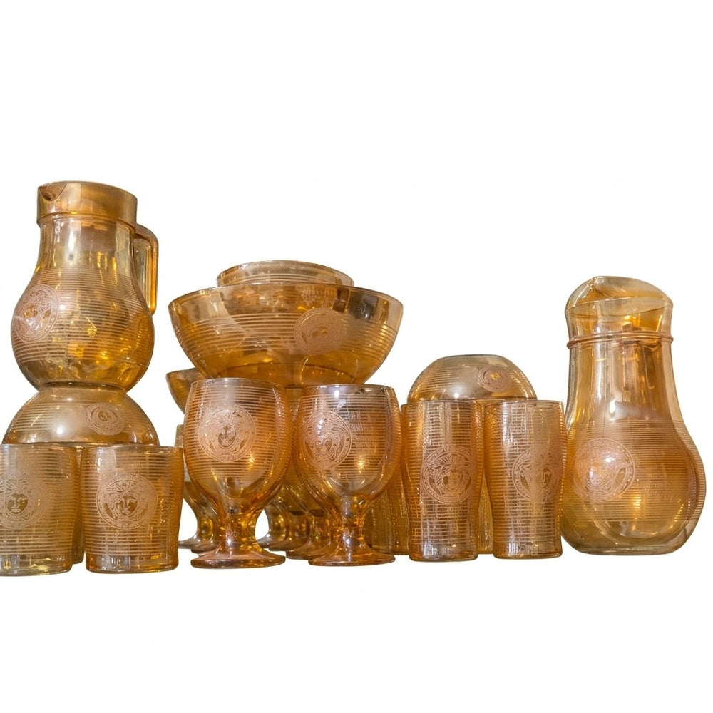 Luxury Amber Gold Medusa Pattern Glassware Set – Jugs, Goblets, & Serving Bowls 28 Pieces Set