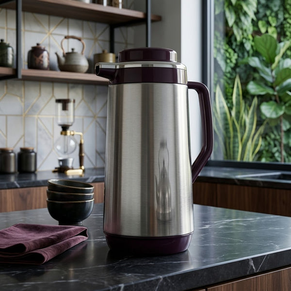 Brushed Stainless Steel Vacuum Flask / Thermal Tea Pot with Grey Trim