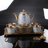 Luxury Sky Blue Marble Ceramic Tea Set with Gold Accents, Cups, Saucers & Rack