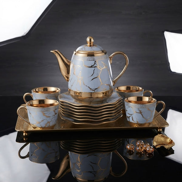 Luxury Sky Blue Marble Ceramic Tea Set with Gold Accents, Cups, Saucers & Rack