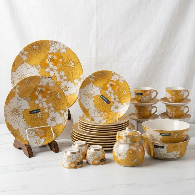 Gemware 72-Piece Premium Yellow Floral Dinnerware Set – 8 Person Serving