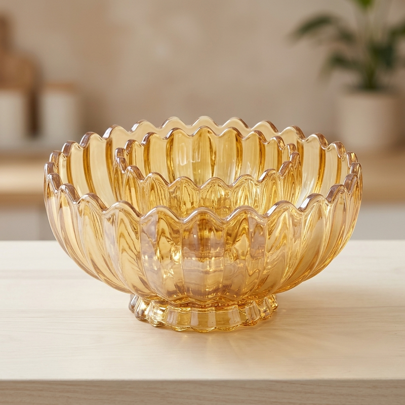 Amber Gold Crown Fluted Edge Glass Dessert Set