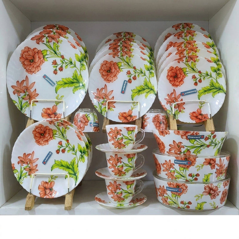 Premium Floral Opalware Dinner Set with Matching Tea Set & Casseroles (Orange Floral Design)