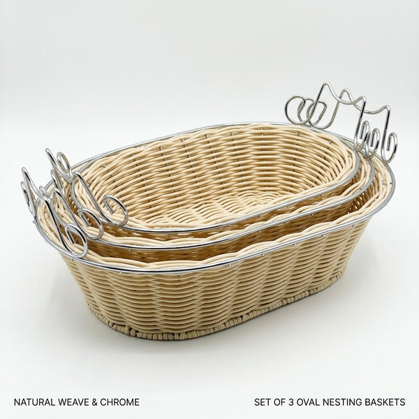 Oval Woven Bread & Fruit Basket Set with Chrome Metal Handles (Set of 3)