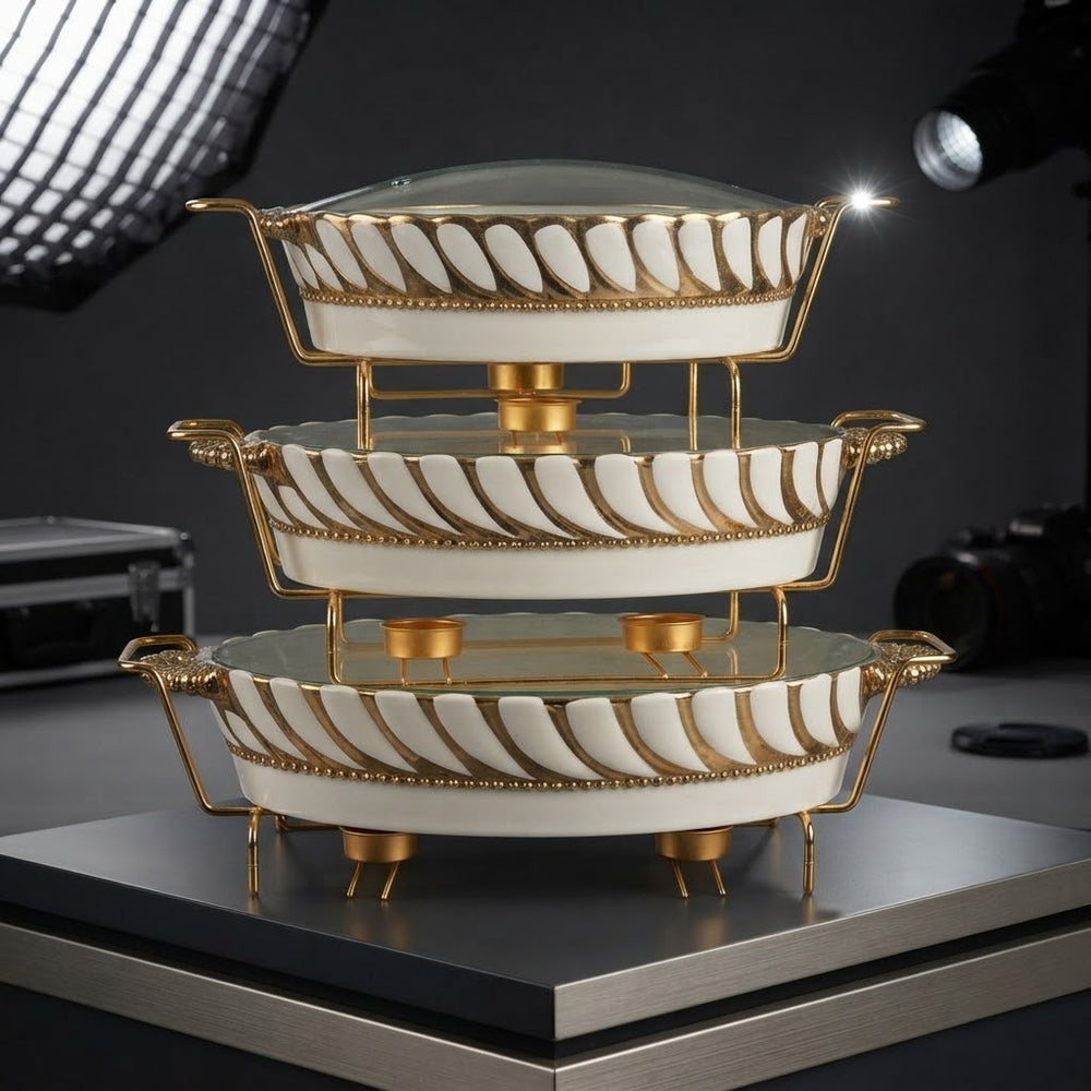 Luxury White & Gold Ceramic Chafing Dish Buffet Server Set with Warmer Stands (Set of 3)