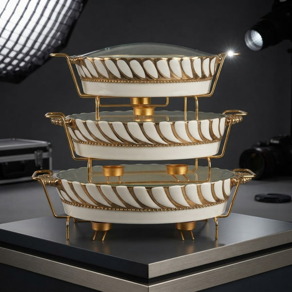 Luxury White & Gold Ceramic Chafing Dish Buffet Server Set with Warmer Stands (Set of 3)