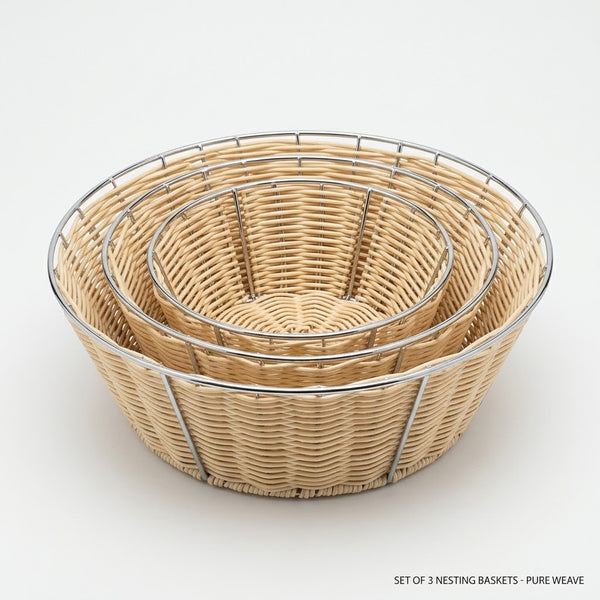 Round Woven Bread & Fruit Basket Set with Chrome Metal Frame (Set of 3)