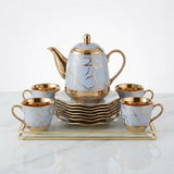 Luxury Sky Blue Marble Ceramic Tea Set with Gold Accents, Cups, Saucers & Rack