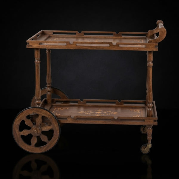 Vintage Wooden Serving Trolley and Tea Cart with Inlaid Floral Motifs and Rolling Wheels